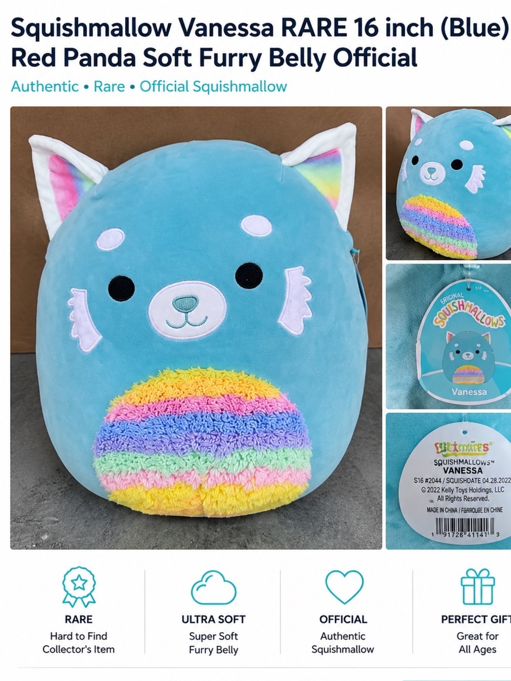 RARE Squishmallows Blue Vanessa Red Panda with Rainbow Belly